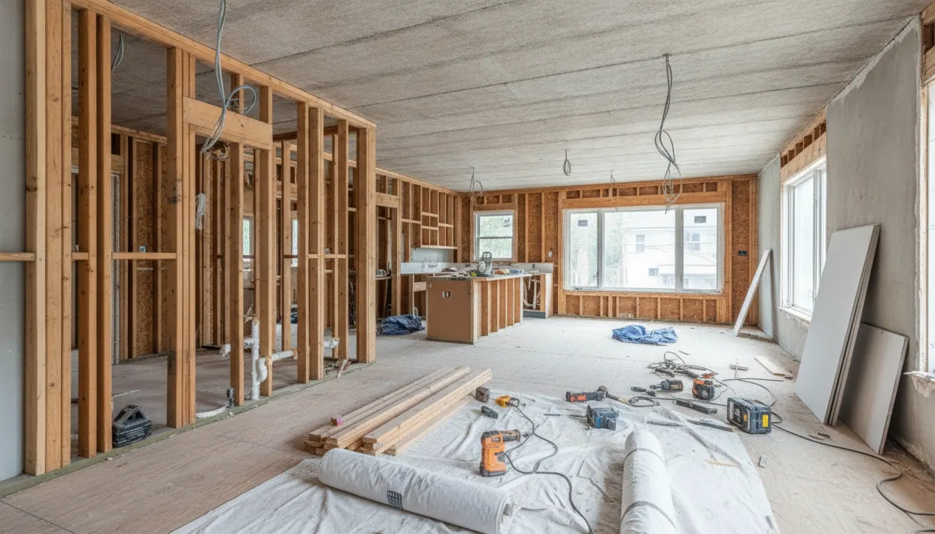 Open-plan room gutted to the studs with new wall framing during a renovation