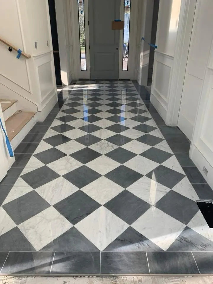 Black and white checkerboard tile entry floor