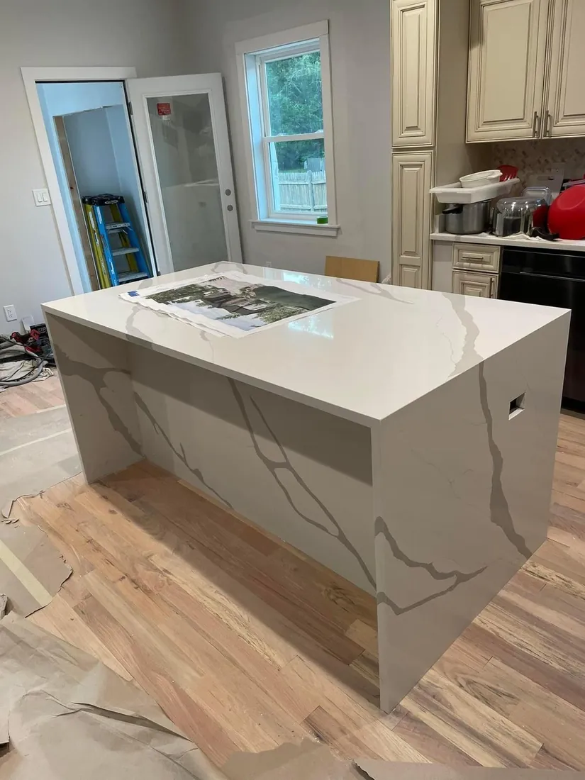 Quartz waterfall kitchen island